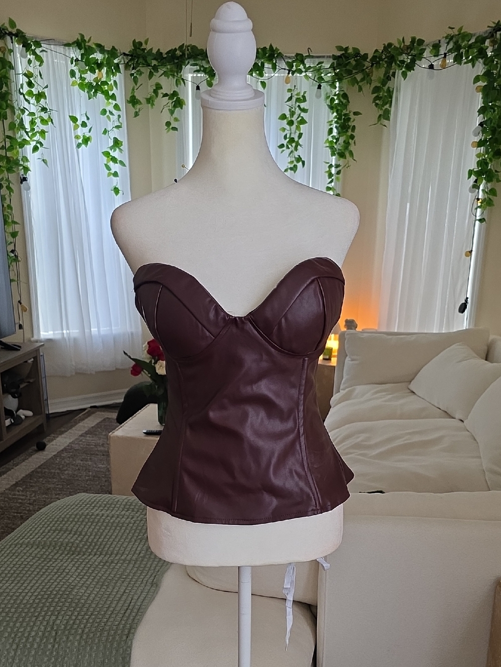 Akira Burgundy Leather Zip-Front‎ Bustier Top